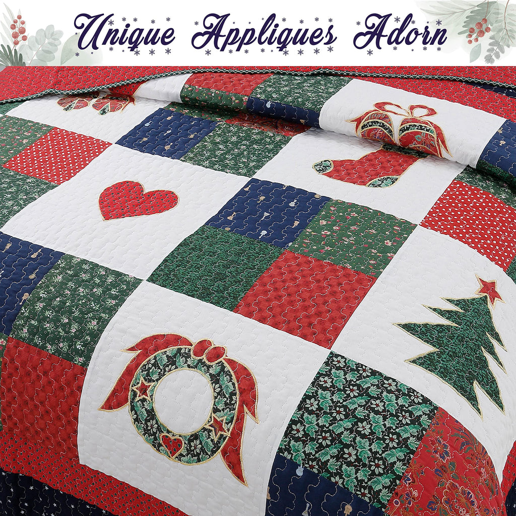 Christmas True Patchwork Wreaths Pine Tree Stockings Rustic Reversible Quilt Bedding Set, Coverlet Bedspread (Happy