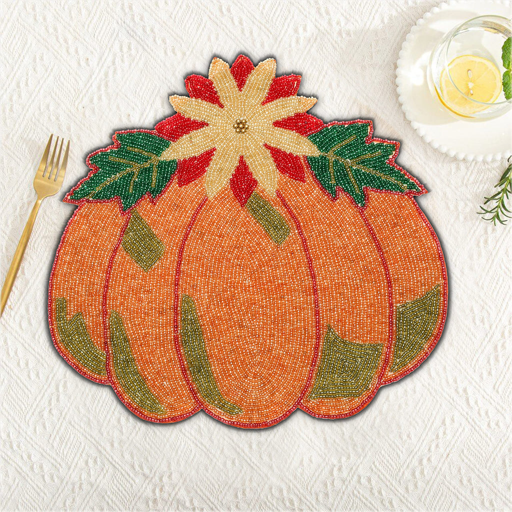 Lightnpro Beaded Pumpkin Placemats Set of 2 - 13 Inch Round Multicolor Charger Mats, Handcrafted Artisan Table
