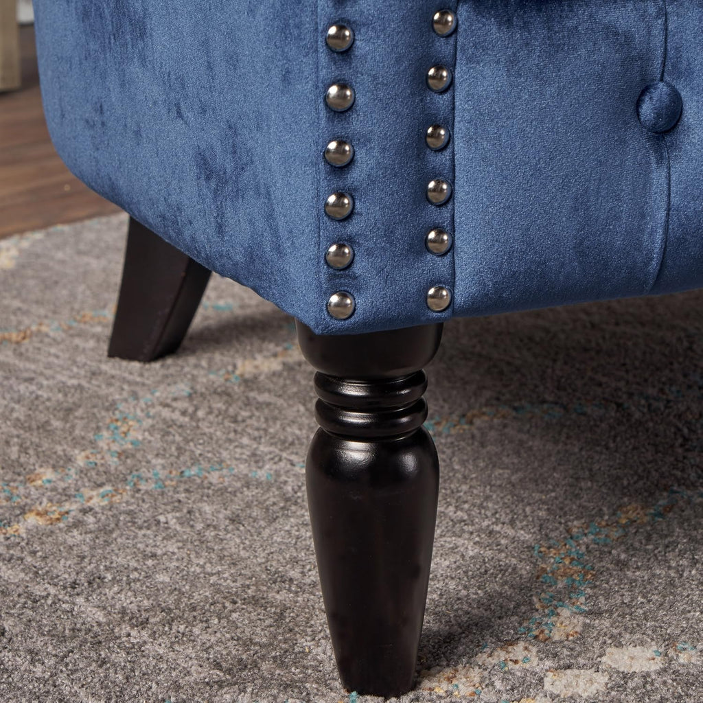 Milani Tufted Scroll Arm Velvet Loveseat, Navy Blue / Dark Brown