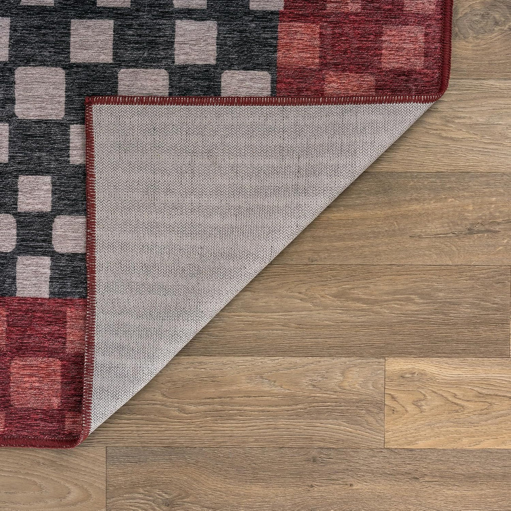 Checkerboard Washable Non-Slip Area Rug, Dark Gray/Red
