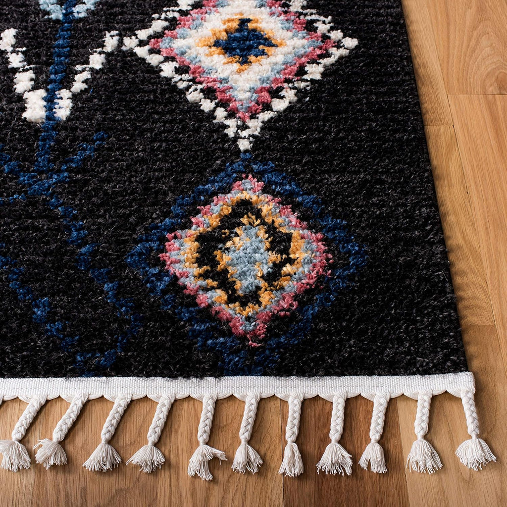 Morocco Collection Area Rug - 6'7" Square, Black & Navy, Moroccan Boho Tribal Design, Non-Shedding & Easy Care, Ideal
