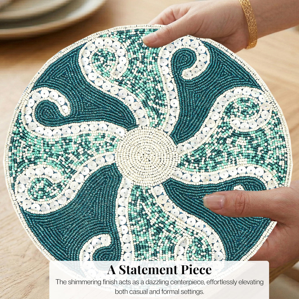 Beaded Placemats 13 Inch Teal Ivory Round Table Mats