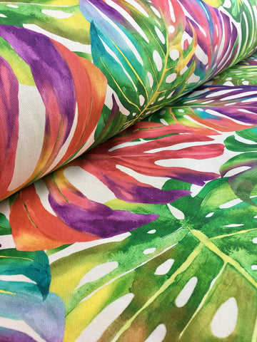 Tropical Palm Leaves Fabric Curtain Upholstery Cotton Material Banana Jungle Palm Leaf - Red Pink Green - 55'' Wide