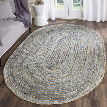 Cape Cod Collection Area Rug - Oval, Natural & Blue, Handmade Flat Weave Jute, Ideal for High Traffic Areas
