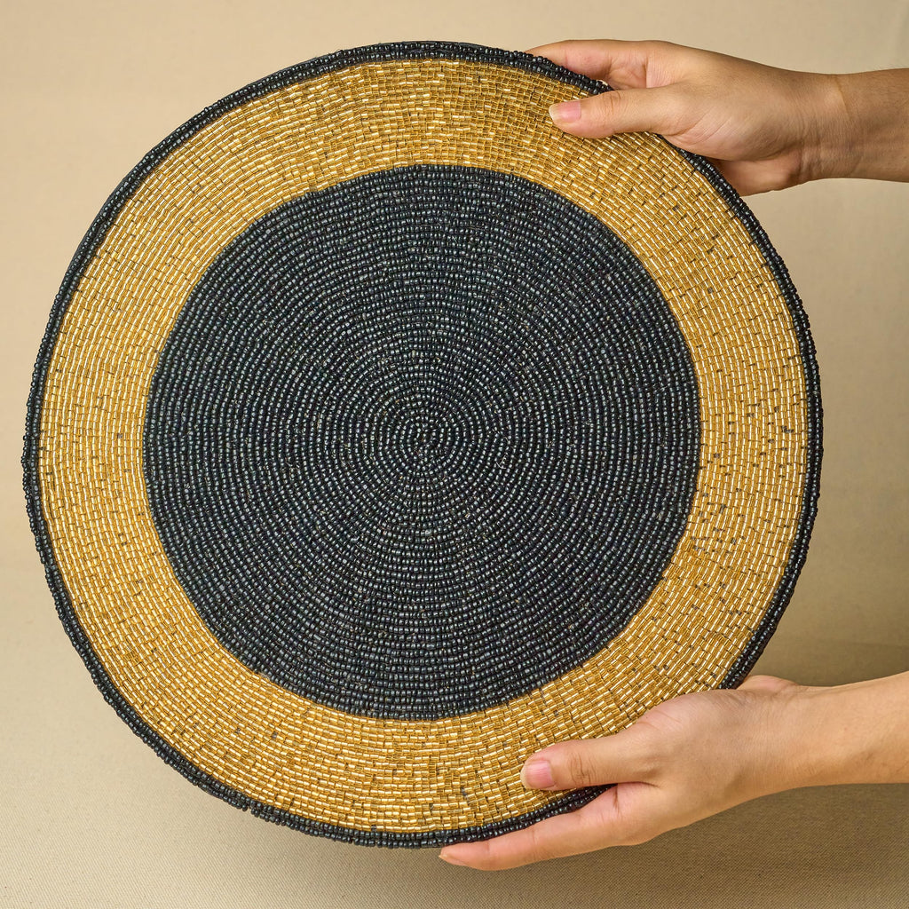 Black & Gold Beaded Placemat - 14" Space Tablemat Handmade Luxury Table Charger, Non-Slip Heat Resistant Dining &