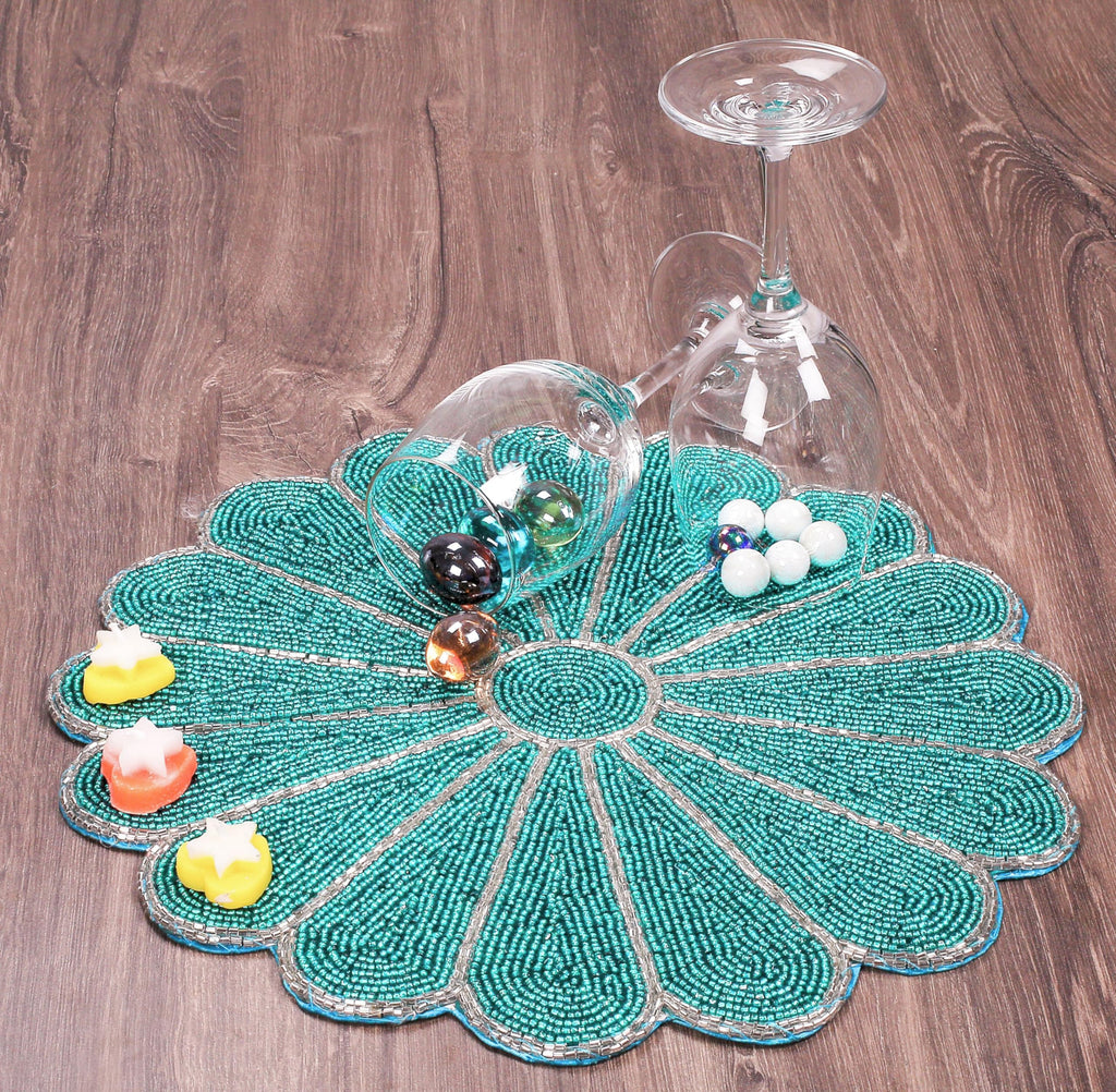 Beaded Placemats 13 Inch, Teal Silver Round Single Pack