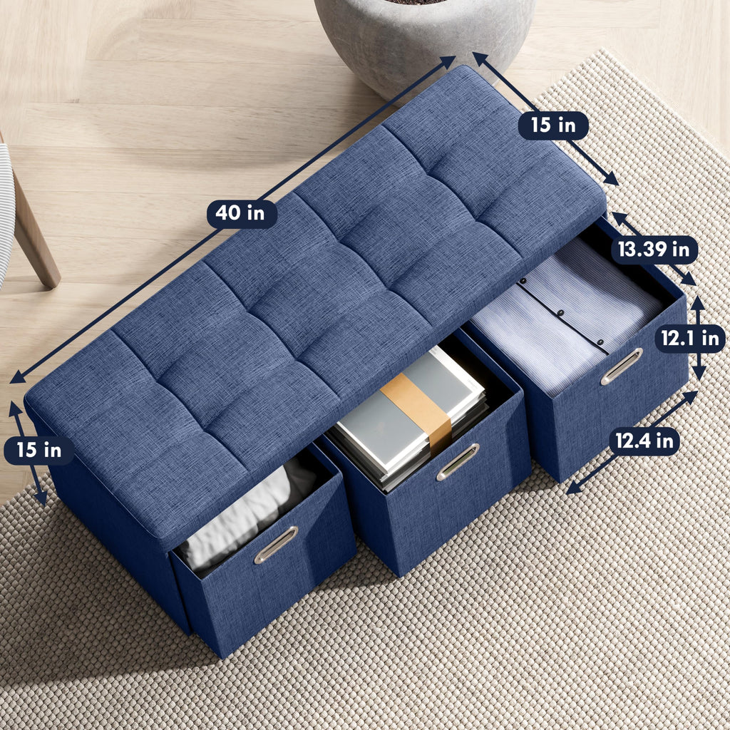 40 Inch Storage Ottoman with 3 Drawers, Tufted Linen, Navy Blue