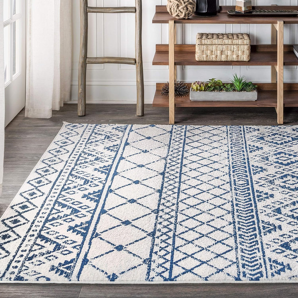 Moroccan Hype Boho Vintage Tribal Cream/Blue Indoor Area Rug, Bohemian, Vintage, Easy-Cleaning, Pet Friendly