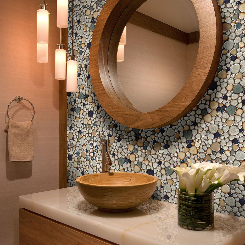Pebble Stone Mosaic Tiles 5 Sheets, Beige Tan Brown Ceramic Mosaic Sheets Mesh Mounted 12x12, Glazed Porcelain Tile
