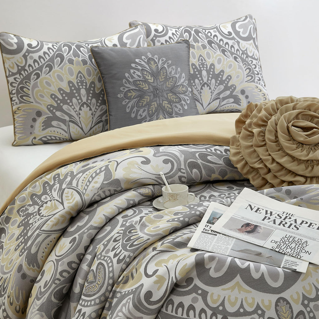 Grey Yellow 8 Piece Comforter Set King Floral Jacquard Bedding