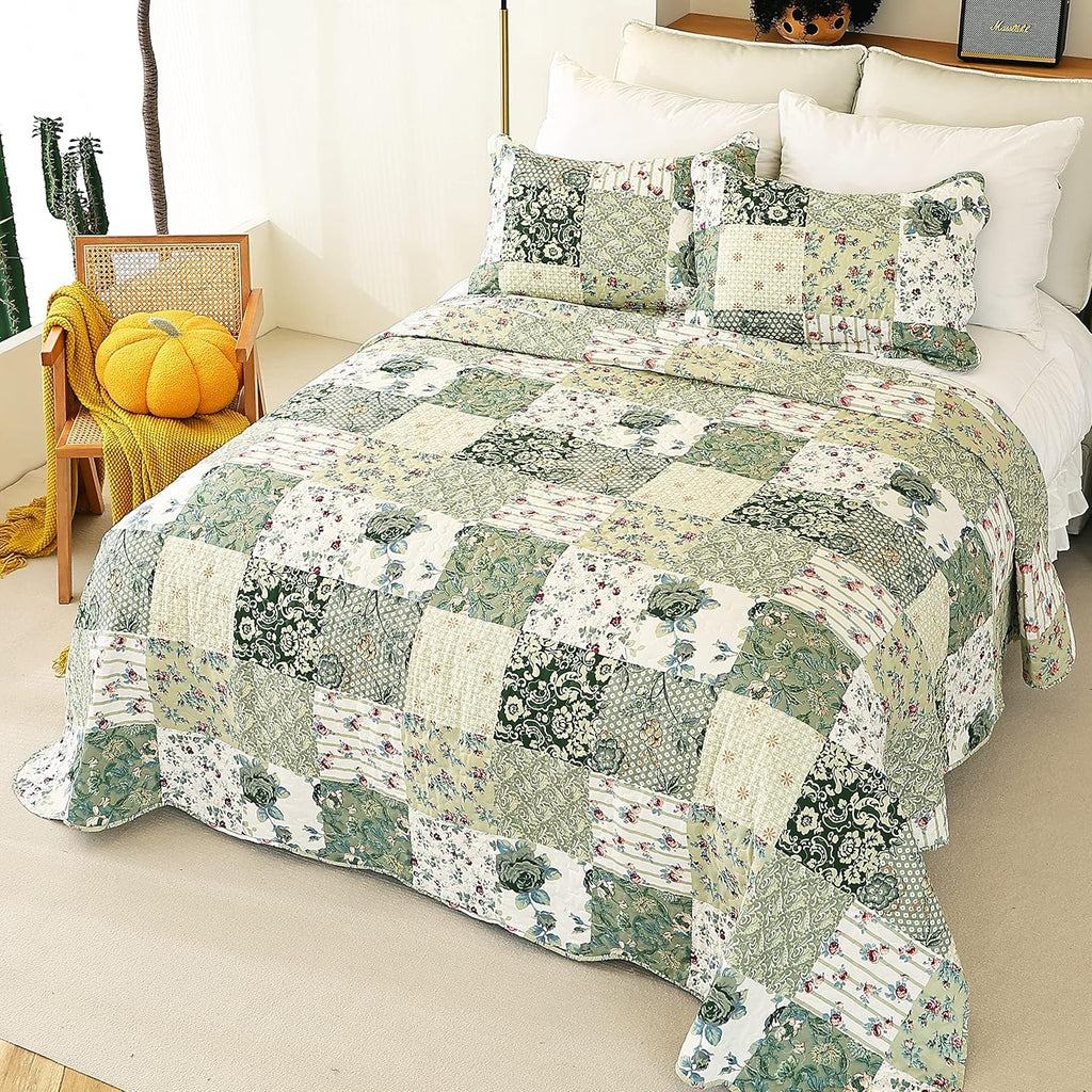 Summer Floral Queen Quilted Bedspread,Romantic Green Quilt Set,Reversible Stitched Bedding Cover All Season,Soft