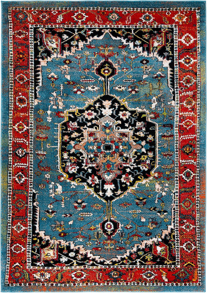 Vintage Hamadan Collection Area Rug, Blue & Red, Traditional Oriental Medallion Design, Non-Shedding &