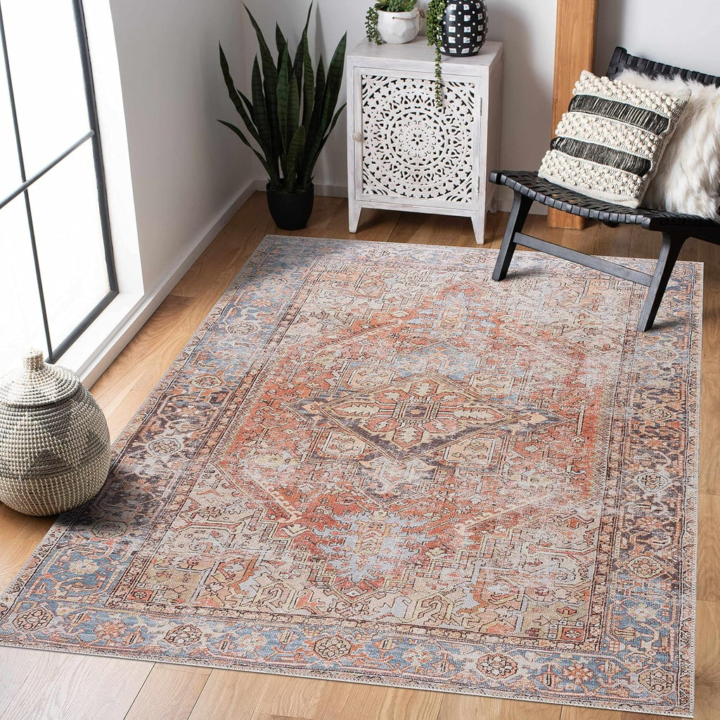 Georgia Eira Machine Washable Area Rug - Oriental Medallion Faded Style - Living Room Vintage Distressed Carpet