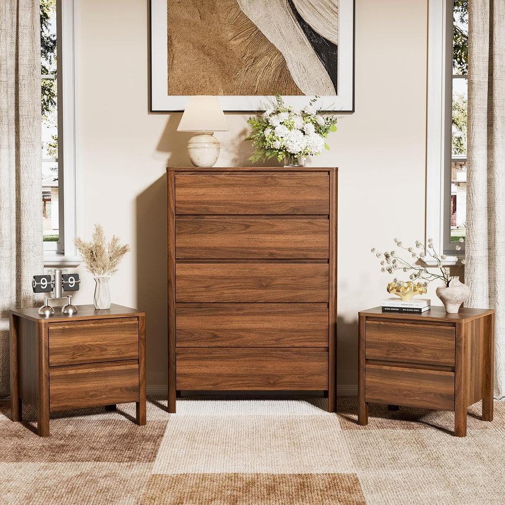 Walnut Mid-Century Modern 3 Piece Bedroom Furniture Set, 6 Drawer Dresser with Handleless Wood Grain Design and