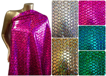 Shiny Holographic Foil Mermaid Scales Pattern on Black Stretch Nylon Spandex Shiny Tricot Fabric by The Yard (Fuchsia)