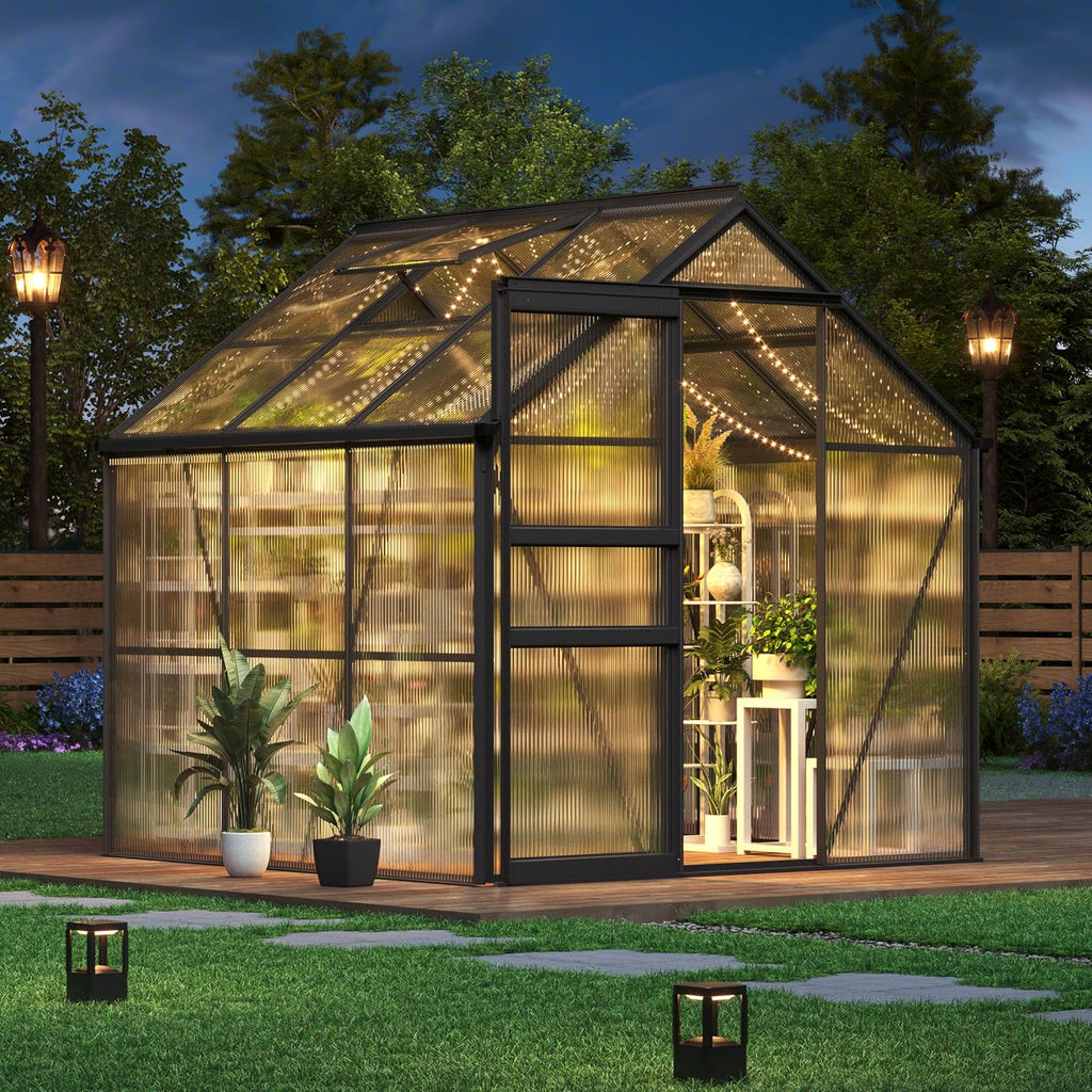 6 x 6 FT Walk-in Greenhouses for Outside, Polycarbonate Greenhouse with Sliding Door, Adjustable Roof Vent, Aluminum