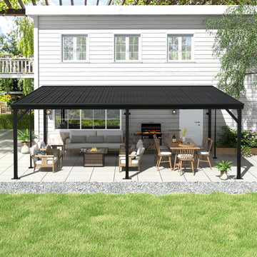 12' x 20' Hardtop Lean-to Gazebo, Wall-Mounted Aluminum Pergola with Adjustable Support Posts – Black