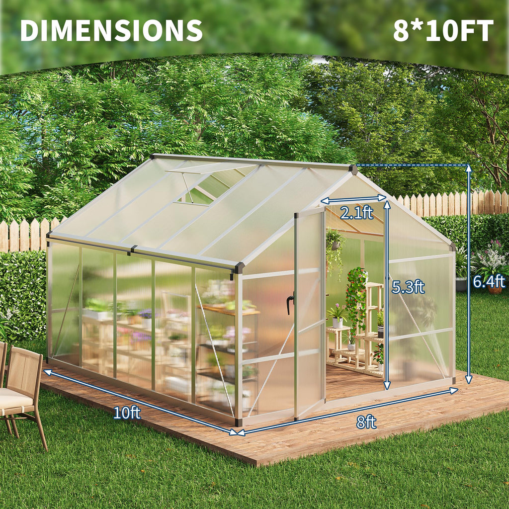 8 x 10 FT Greenhouse, Greenhouses for Outside, Polycarbonate Greenhouse with Aluminum Frame, Lockable Door and