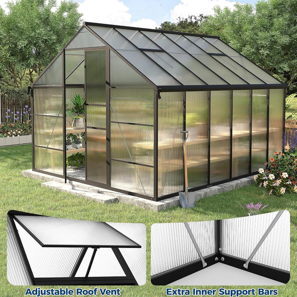 12 x 10 ft Greenhouse for Outdoors, Polycarbonate Greenhouse with Roof Vent, Enhanced Aluminum Large Walk-in Green