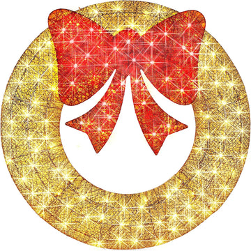 30in Pre-Lit Outdoor Christmas Wreath Decoration, LED Metal Holiday Decor w/ 100 Lights, Bow - Gold/Red