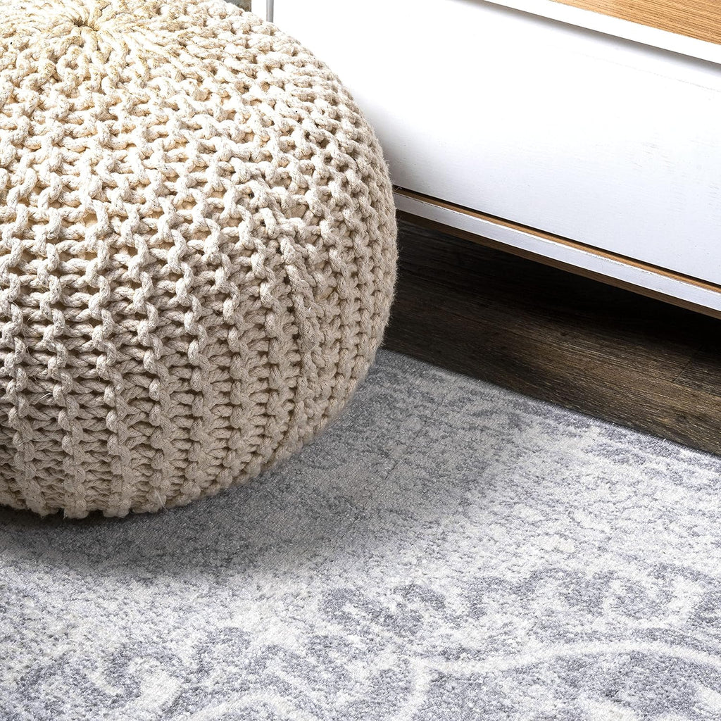 Modern Vintage Medallion Gray/Ivory 5' Round Indoor Area Rug, Country, Floral, Easy-Cleaning, Pet Friendly