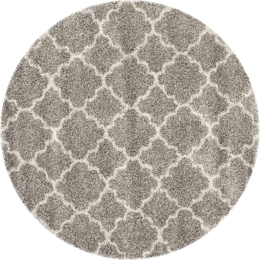 Hudson Shag Collection Area Rug - 5' Round, Grey & Ivory, Moroccan Trellis Design, Non-Shedding & Easy Care, 2-inch