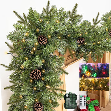 Remote Control &Timer & 8 Modes - 9 Ft by 12 Inch Prelit Christmas Garland Decoration 50 Warm White & Colorful Change