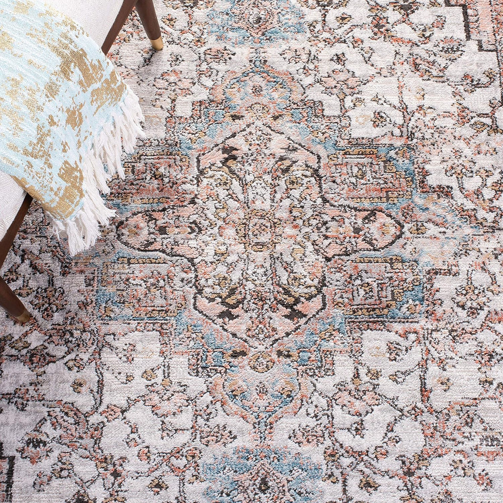 Shivan Collection Area Rug, Grey & Blue, Medallion Distressed Design, Non-Shedding & Easy Care, Ideal for