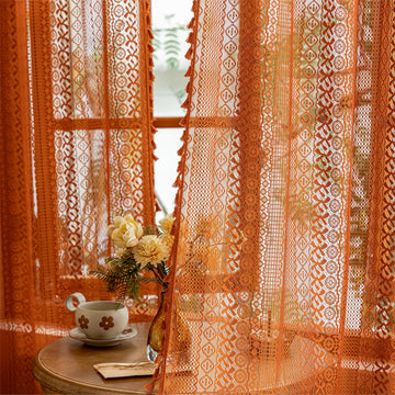 Terracotta Boho Lace Curtains 2 Panels 84 Inches Long, Burnt Orange Crochet Privacy Farmhouse Vintage Tassels Retro