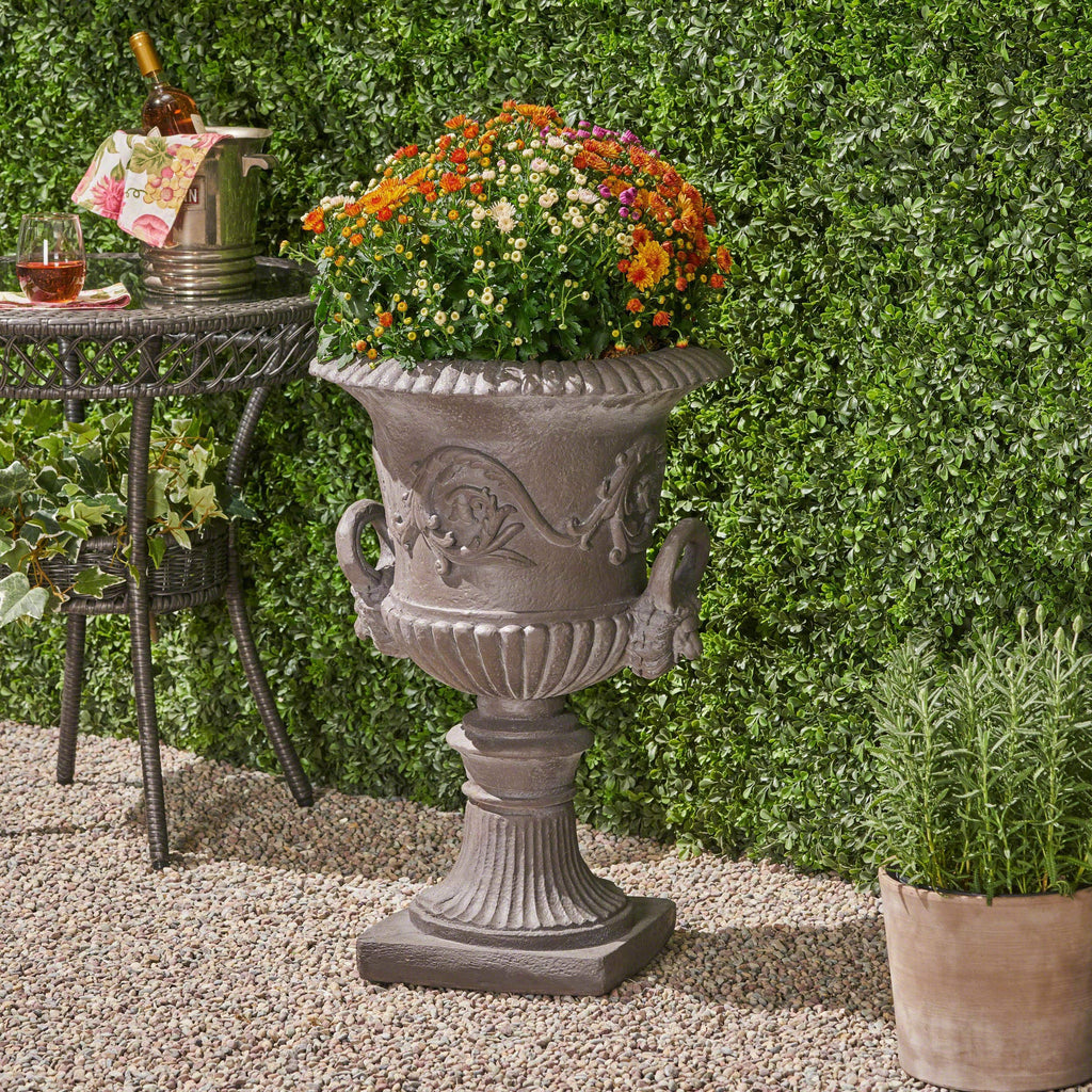 Noble House Adonis Outdoor Roman Chalice Garden Urn Planter in Antique Gray