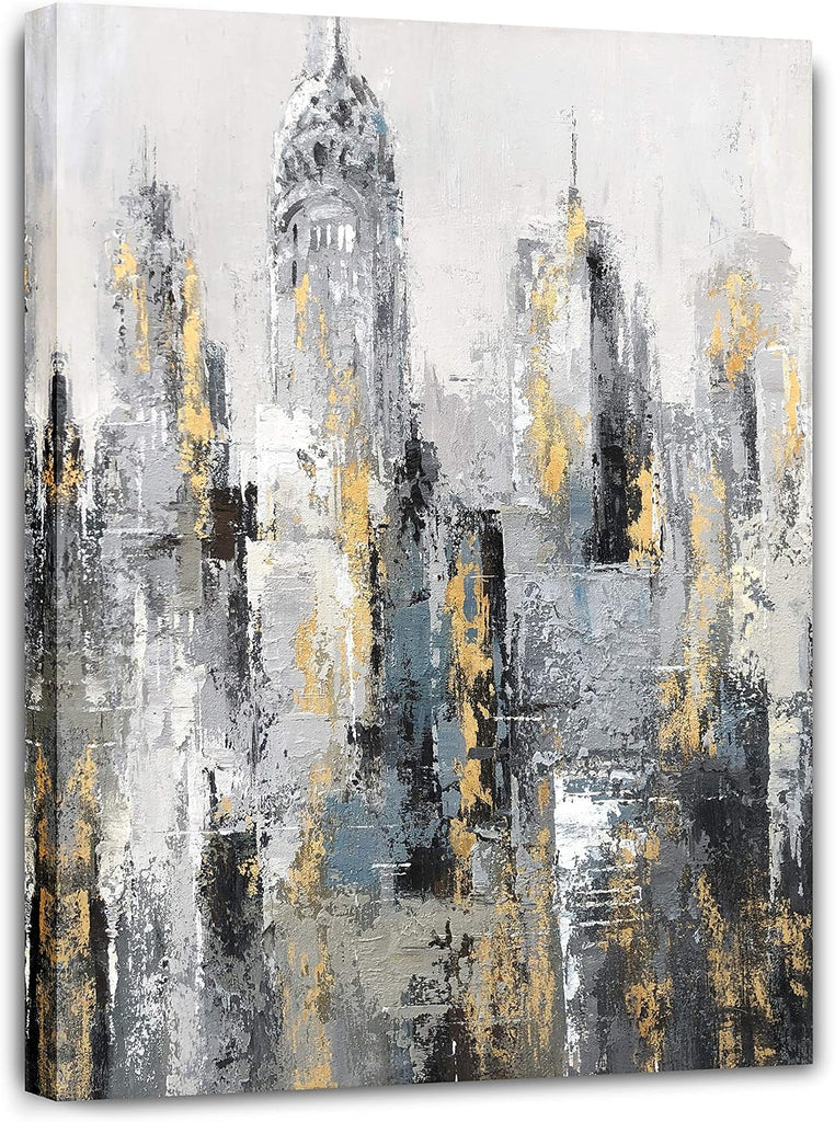 Modern Abstract Cityscape Canvas Wall Art Painting with Gold Foil Hand Painted Building Pictures Decoration