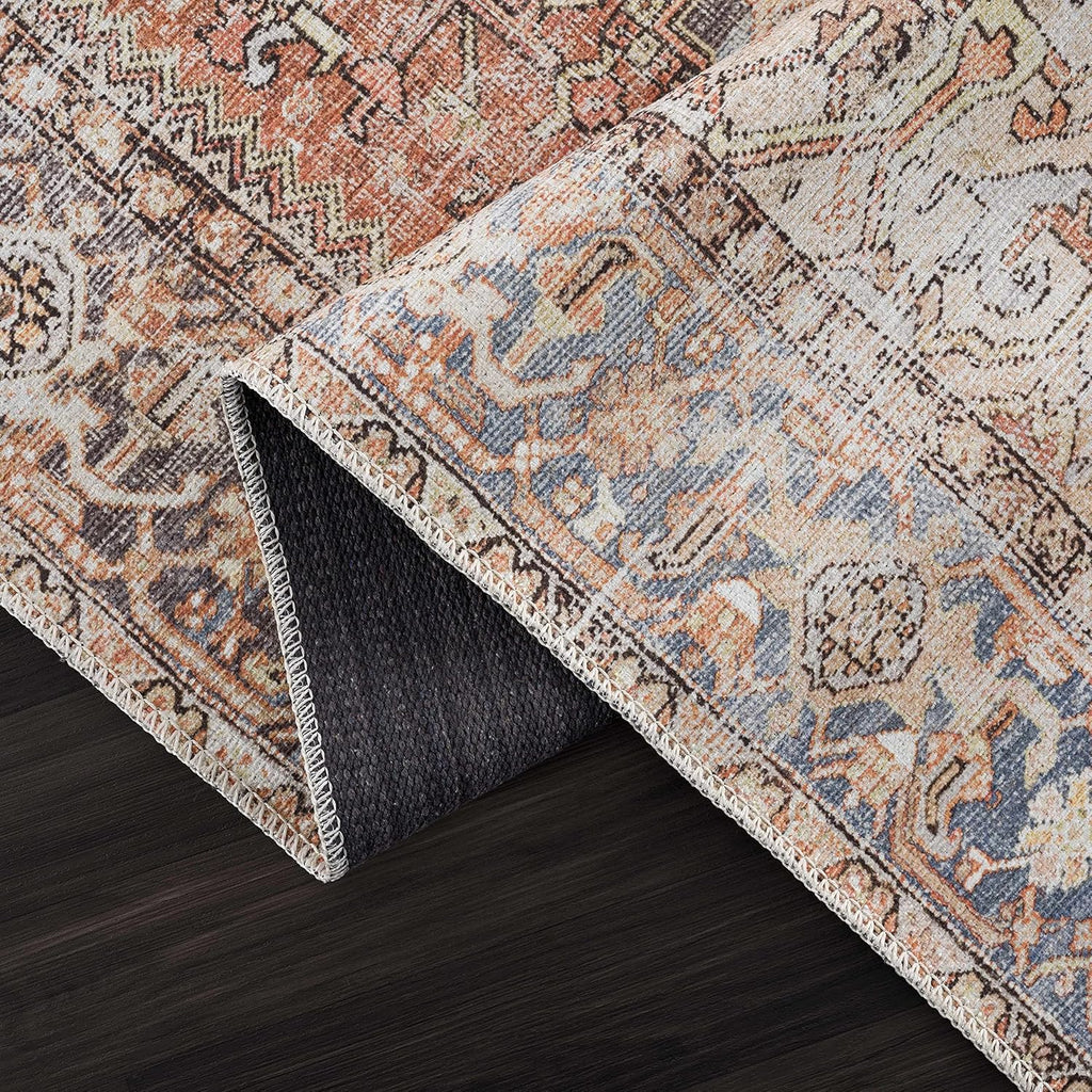 Georgia Eira Machine Washable Area Rug - Oriental Medallion Faded Style - Living Room Vintage Distressed Carpet