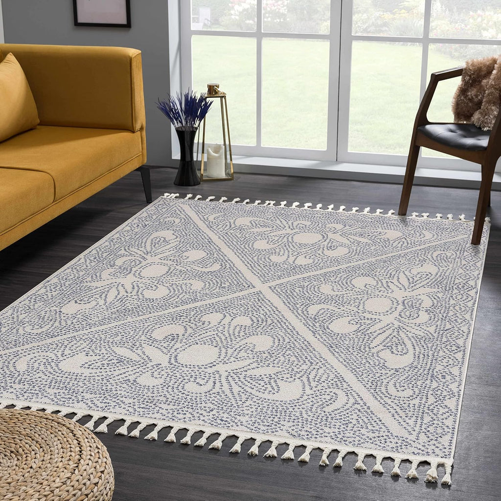 Birdwood Living Room, Bedroom Area Rug - Floral Geometric Diamond Border Mosaic - Scandinavian Traditional