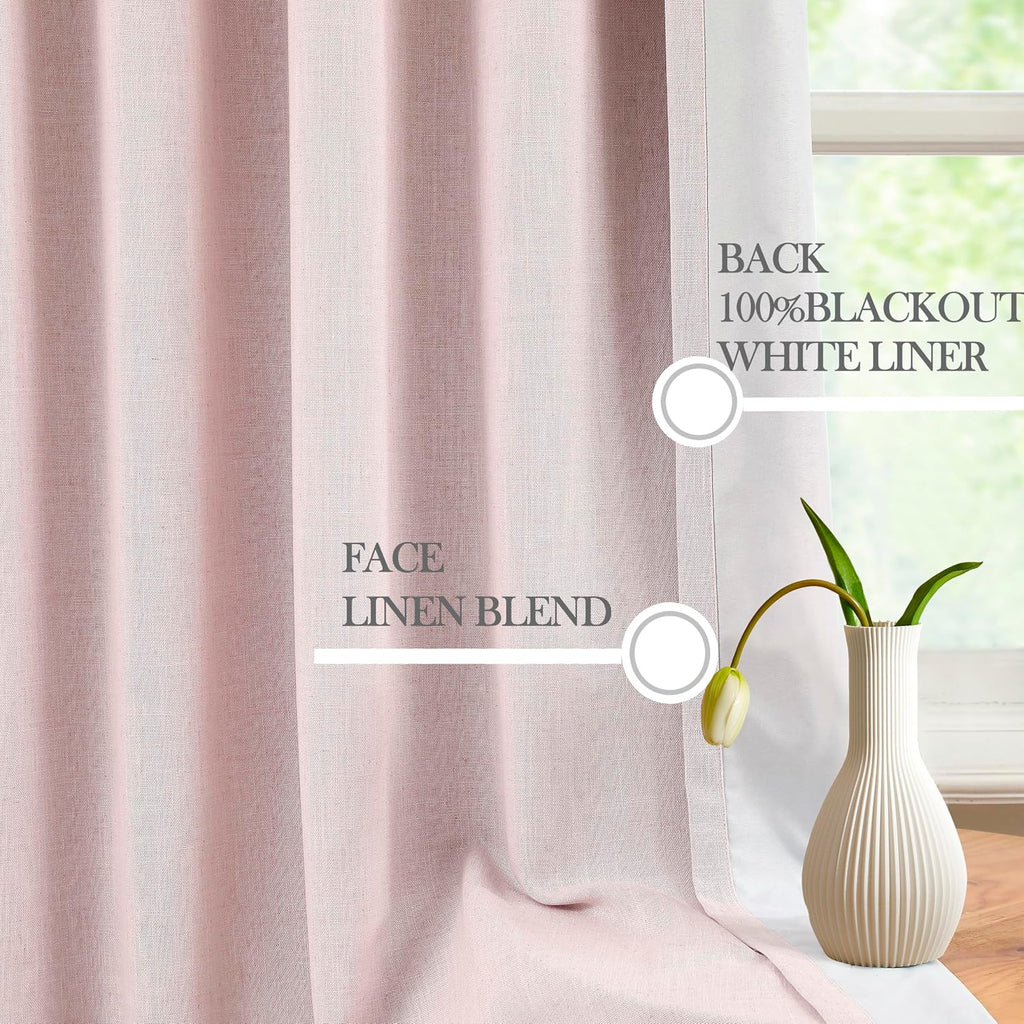 90 Inches Soft Pink Pinch Pleated Full Blackout Curtains Linen Blended Room Darkening Window Curtains for Living Room