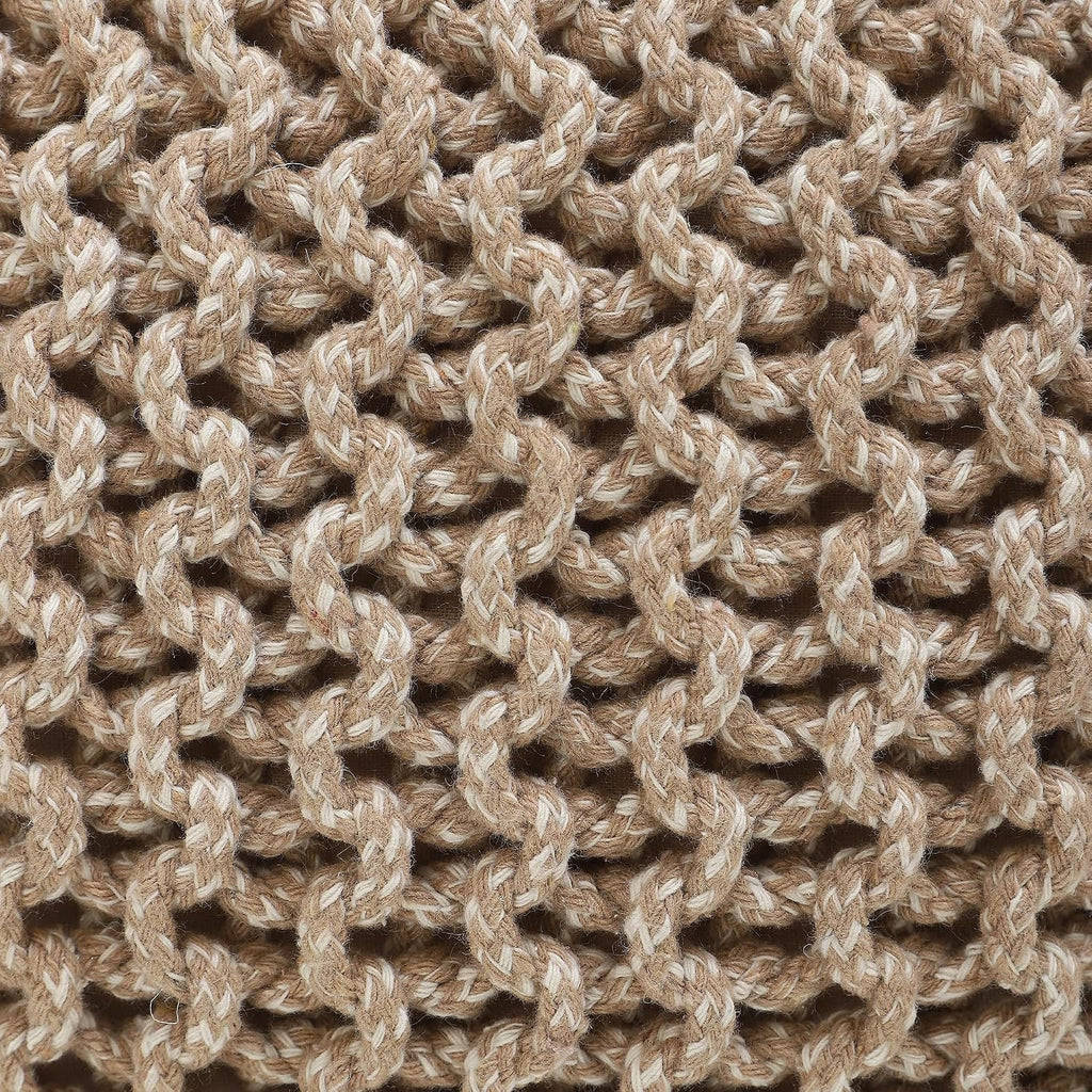 Round Pouf Ottoman - Hand Knitted Boho Poof - Beige Ivory | 100% Cotton, 19.5"x19.5"x14"; Doubles as Footstool, Foot