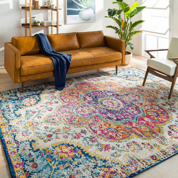 Area Rugs - 9x12 Romaine Vintage Boho Fuchsia Mustard Blue Area Rug Bedroom - Floral Medallion Stain Resistant Carpet