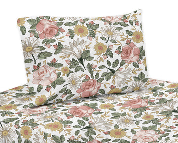 Jojo Designs Vintage Floral Boho Sheet Set - 4 piece Set - Blush Pink, Yellow, Green and White Shabby Chic Rose