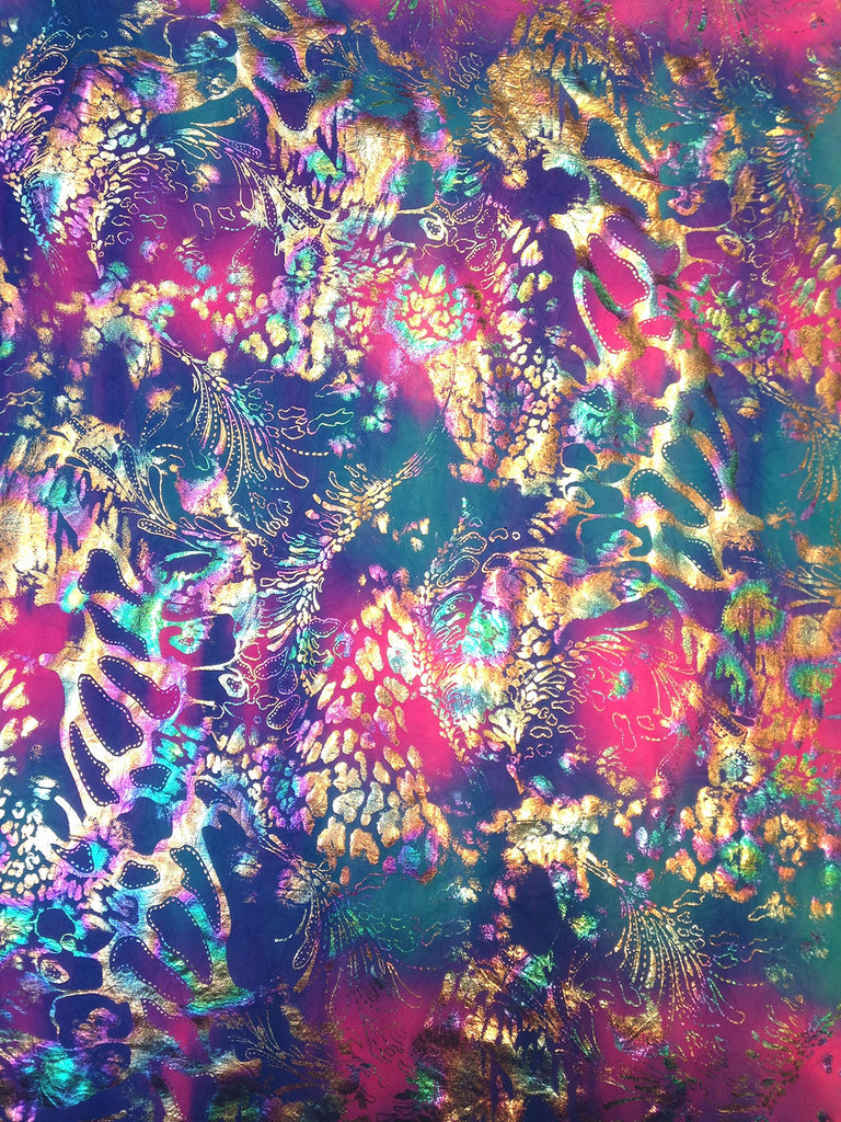 Shiny Rainbow Foil Abstract Pattern on Bright Crease Stretch Nylon Spandex Fabric by The Yard (Hot Pink/Turquoise)