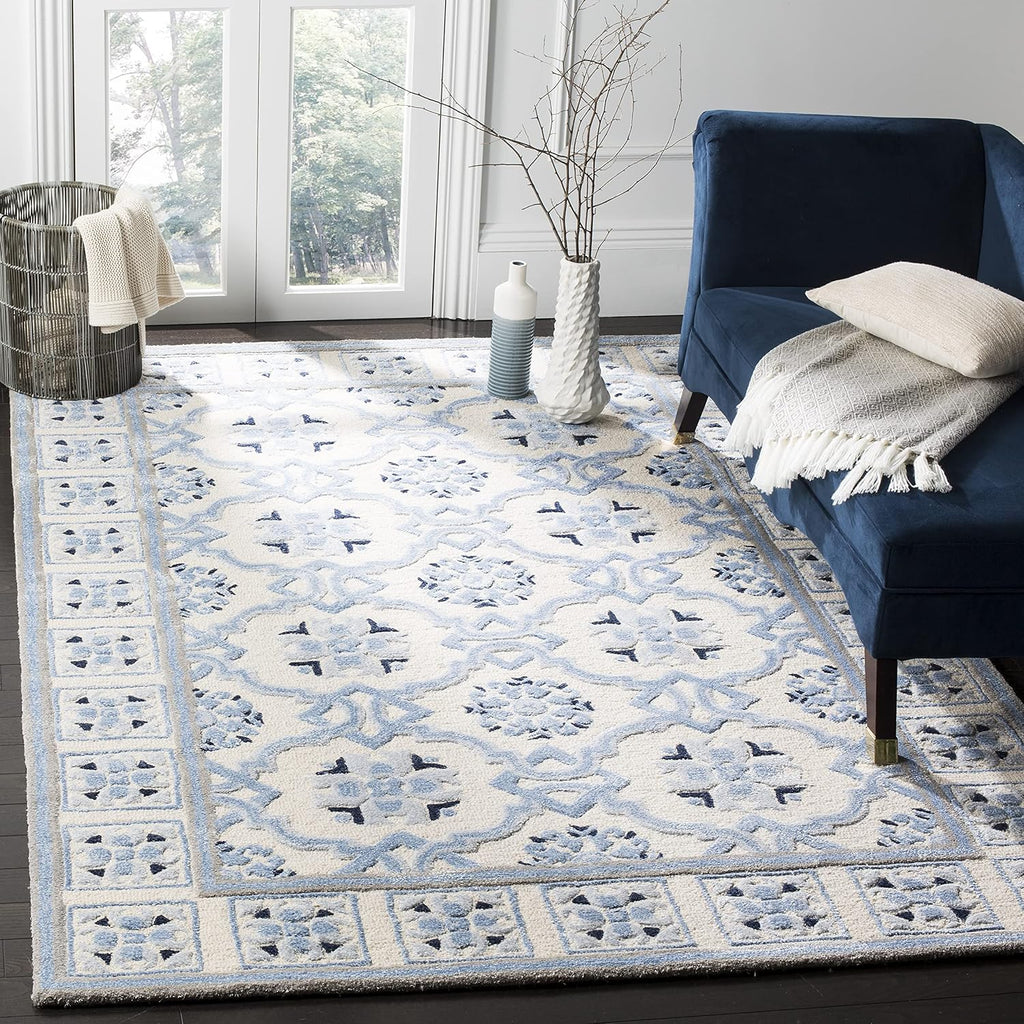 Bella Area Rug - 9' x 12', Ivory & Blue, Handmade Wool & Viscose