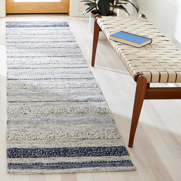 Striped Kilim Collection Runner Rug - 2'3" x 9', Ivory & Navy, Handmade Flat Weave Cotton, Ideal for High Traffic