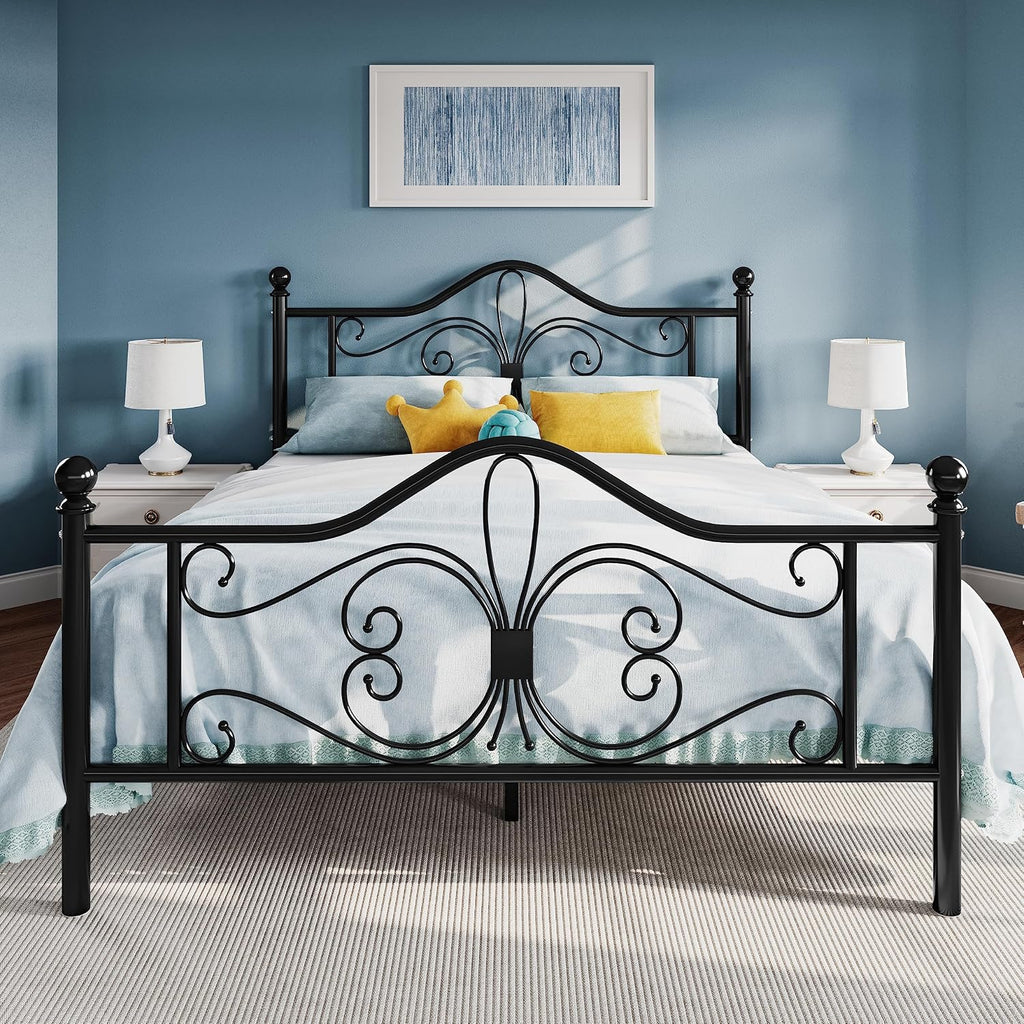 Queen Metal Bed Frame with Butterfly Headboard & Footboard, No Box Spring Needed