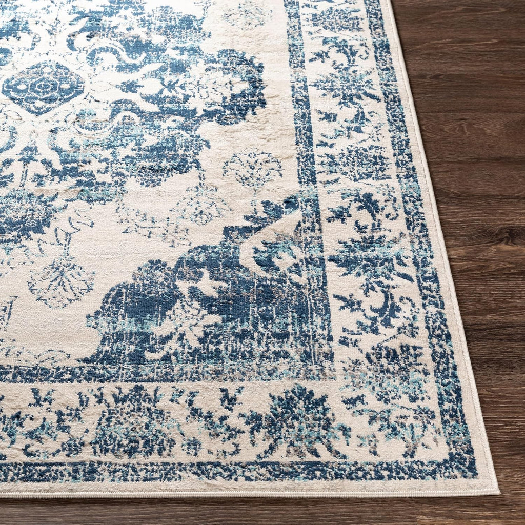 Area Rugs - Delney Vintage Boho Blue Rug Bedroom - Beige Gray Floral Medallion Stain Resistant Carpet (5'3" x