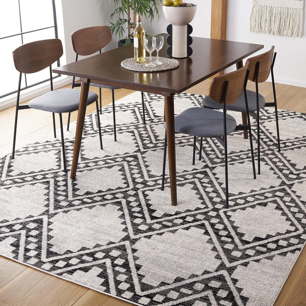 Area Rug - Tulum Collection - Large - Ivory & Black, Moroccan Boho Tribal Diamond Design, Non-Shedding & Easy to
