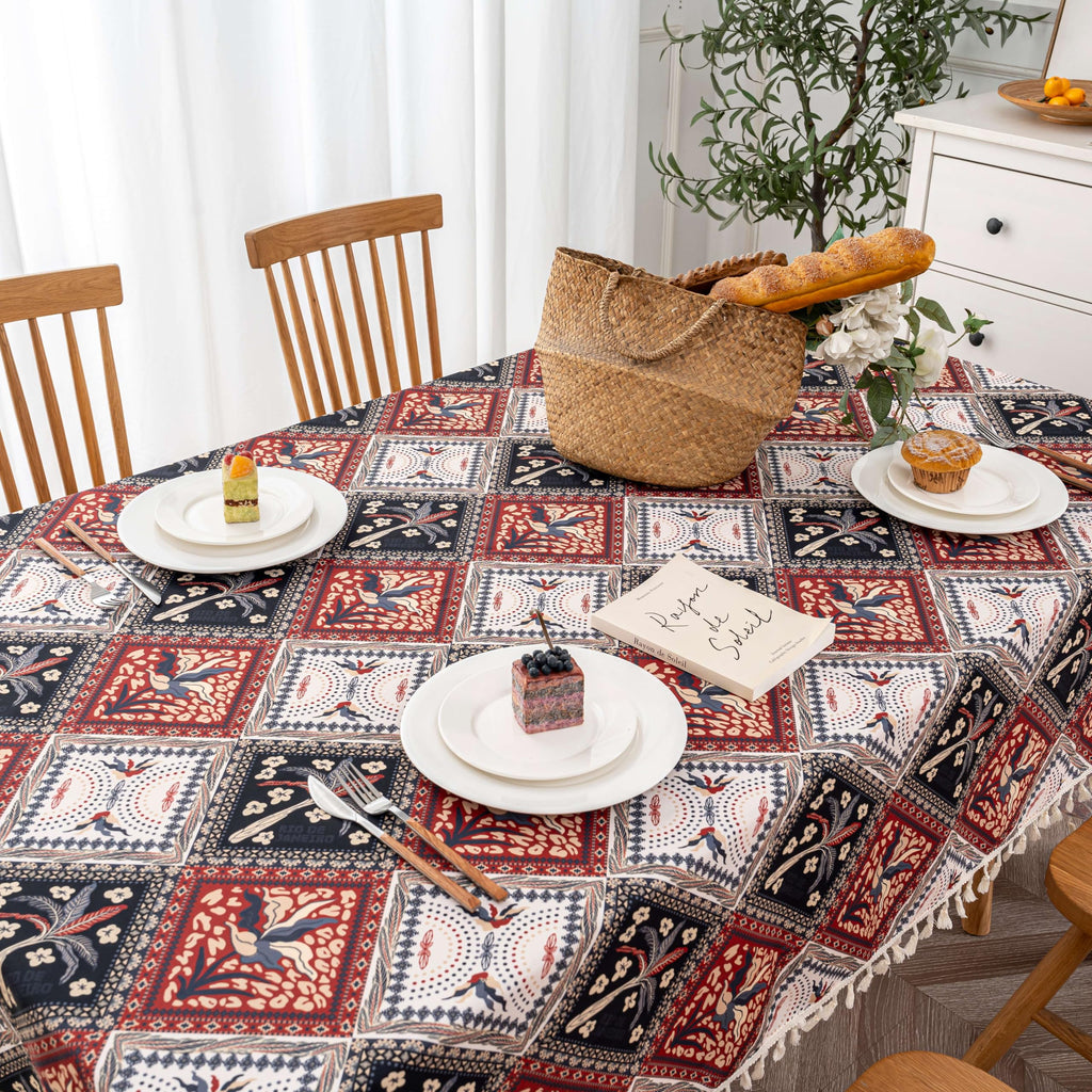 Boho Rectangle Tablecloth with Tassels, 59 x 102 in, Diamond