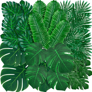 110 Pcs Artificial Tropical Palm Monstera, 7 Kinds Large Small Fake Palm Leaf with Stems for Safari Jungle Hawaiian