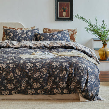 Muslin Duvet Cover Set King Size, 100% Washed Cotton 3 Pieces Yarn-Dyed Vintage Navy Floral Jacquard Textured