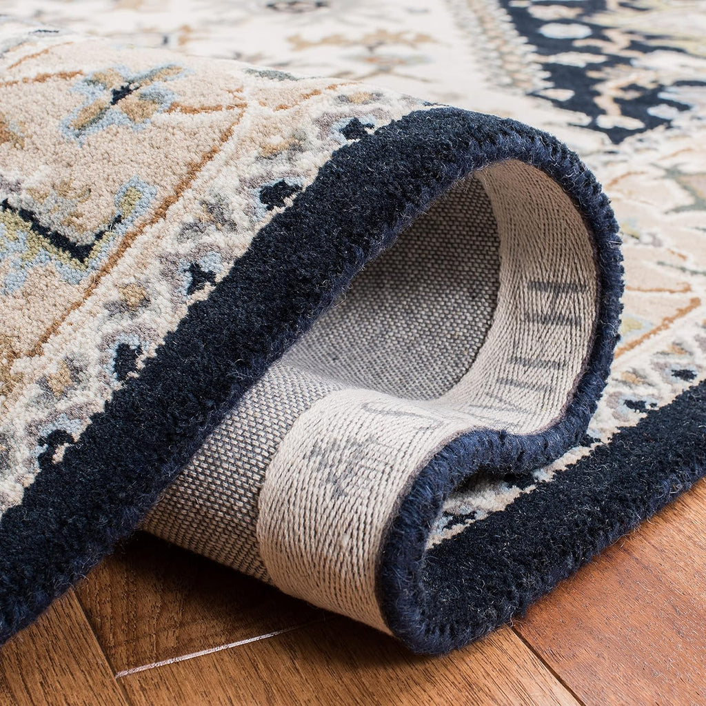 Area Rug 10x14 - Heritage - Large - Beige & Navy, Handmade Wool, Traditional Oriental Medallion Design