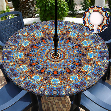 Outdoor Tablecloth with Umbrella Hole Waterproof Round Fitted Tablecloth with Elastic Zippered Wipeable Table Cloth