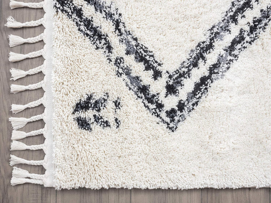Moroccan Ivory & Grey Shag Area Rug - Traditional Rugs Tribal Print Diamond 7'9" x 10'2" (8x10) Living Room Carpet