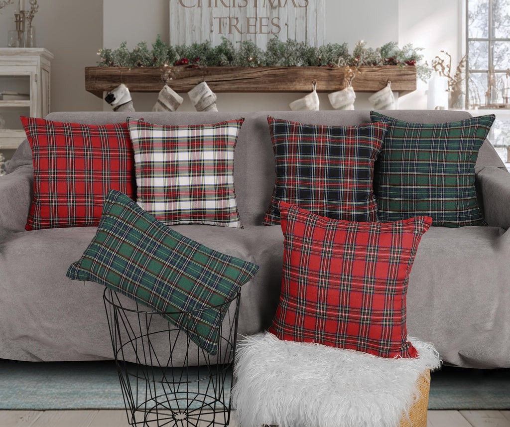 Set of 2 Christmas Scottish Tartan Plaid Throw Pillow Covers Cushion Case Polyester for Farmhouse Home Decor Red and